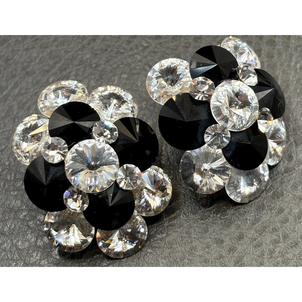 Vintage 80s Runway Chunky Rivoli Rhinestone Cluster Clip-On Earrings Silver Tone